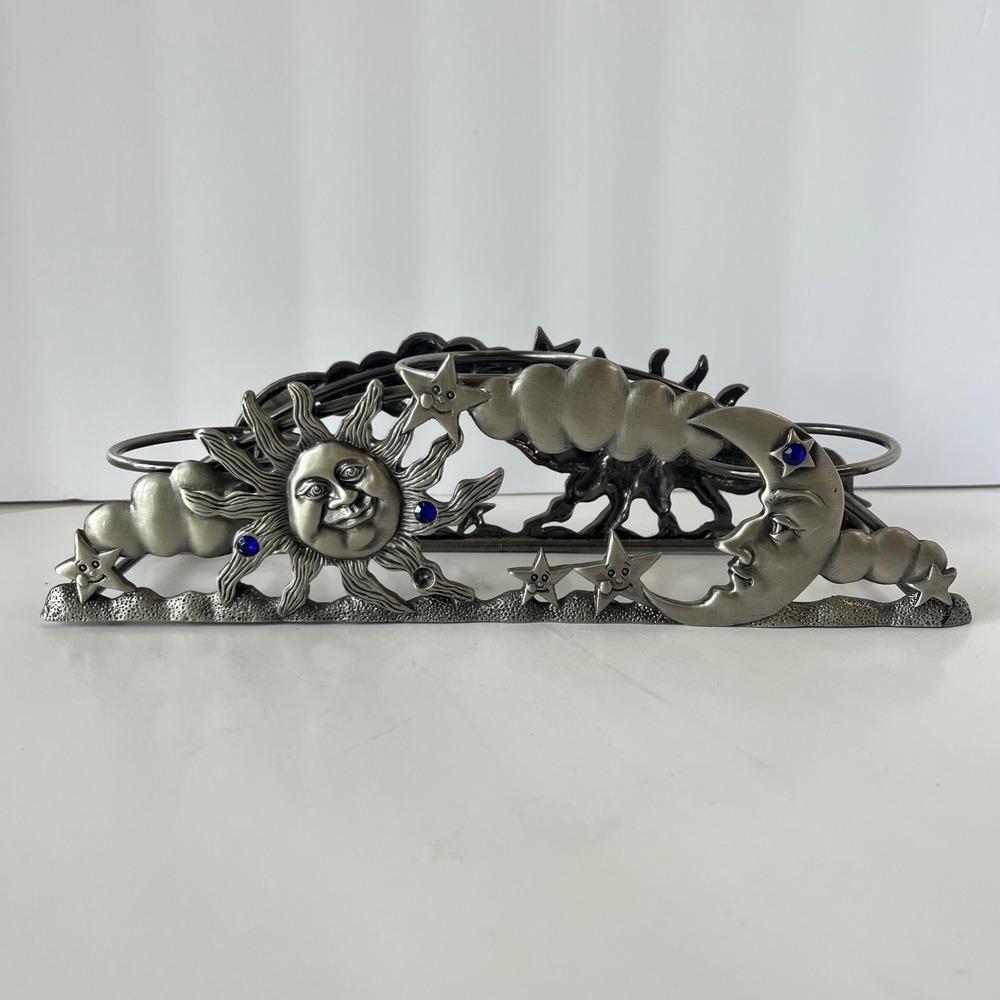 Spoontiques Pewter Celestial Sun Moon Stars 3-Votive Candle Holder Blue Jewels